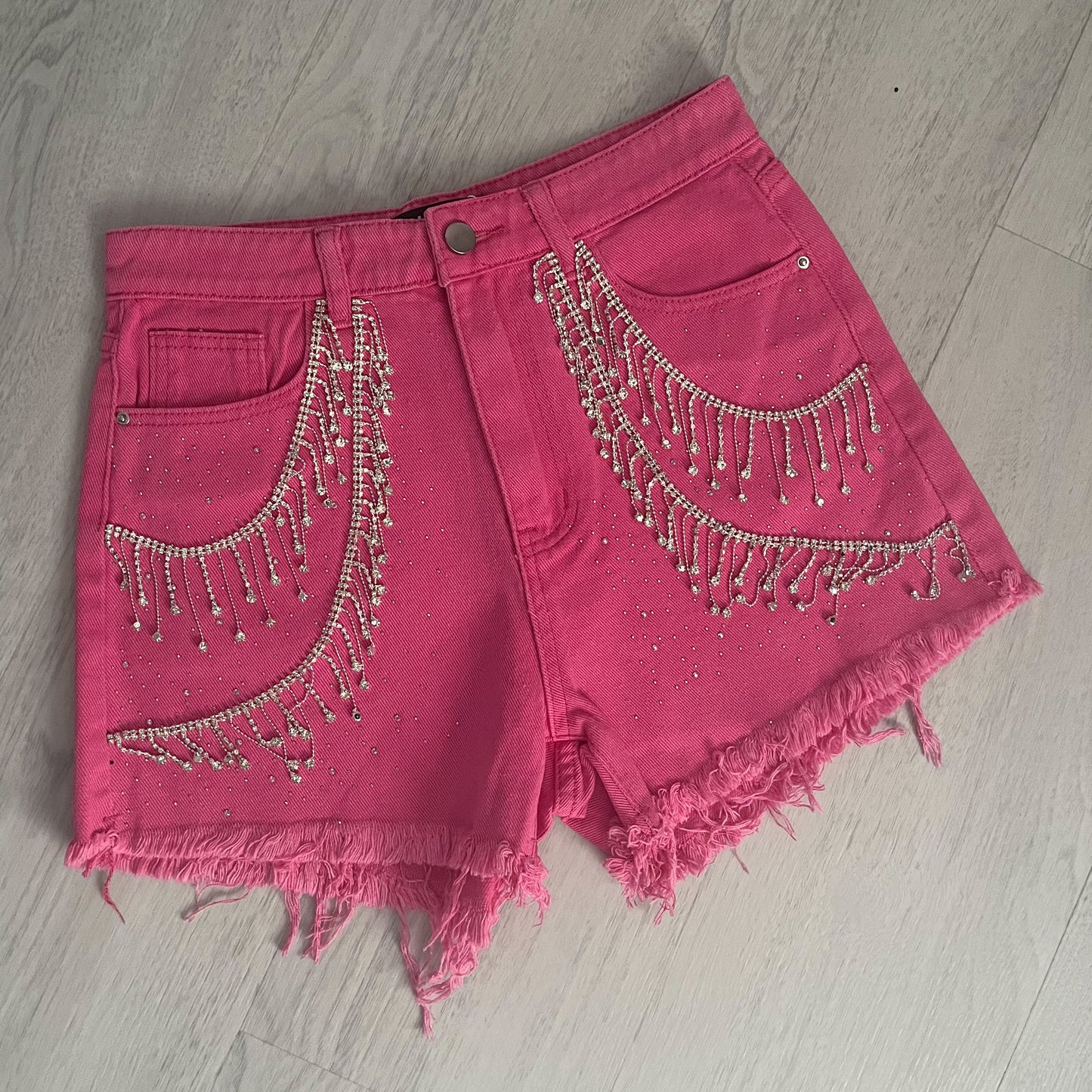 Hot Pink Rhinestone Fringe Denim Shorts