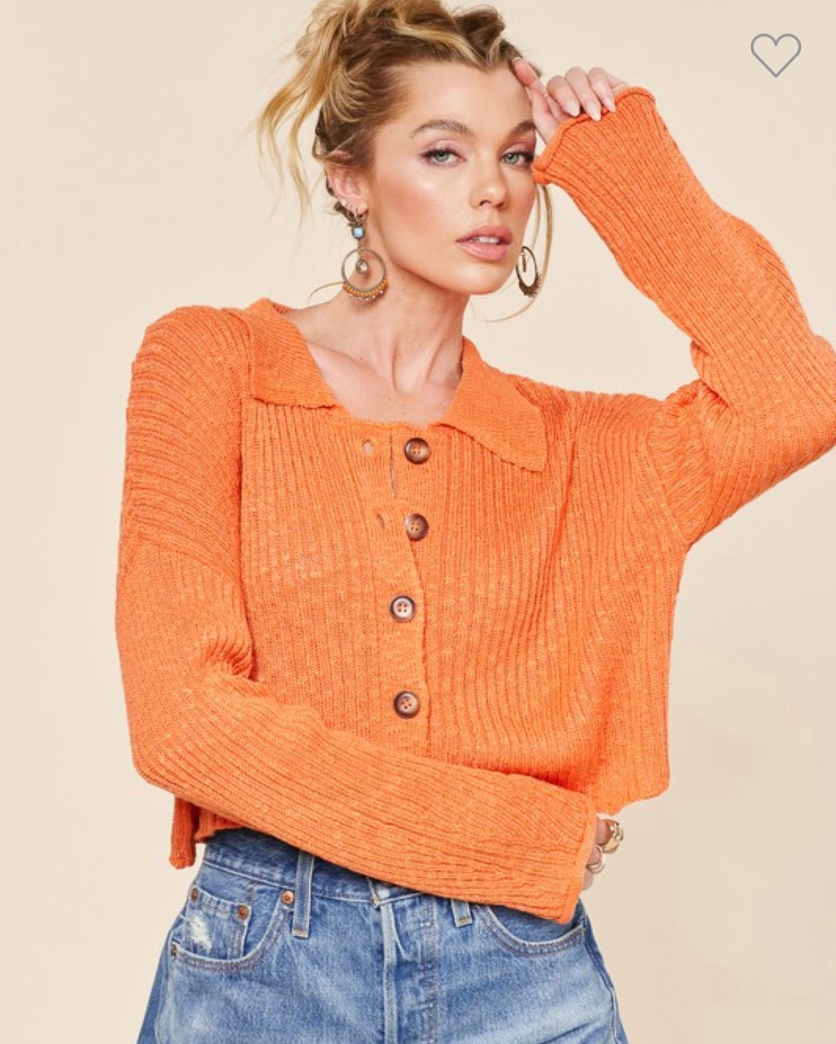 Orange Button Front Cropped Sweater